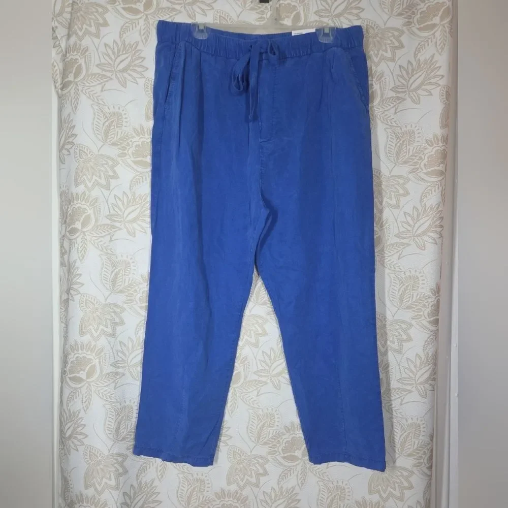 NEW ZARA THE WEEKEND PANT BLUE sz XL LINEN BLEND COASTAL NAUTICAL BEACH PULL ON